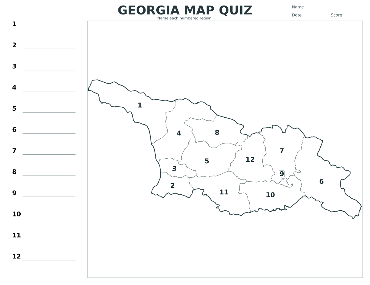 Quiz cartographique imprimable pour Georgia avec 12 régions numérotées.