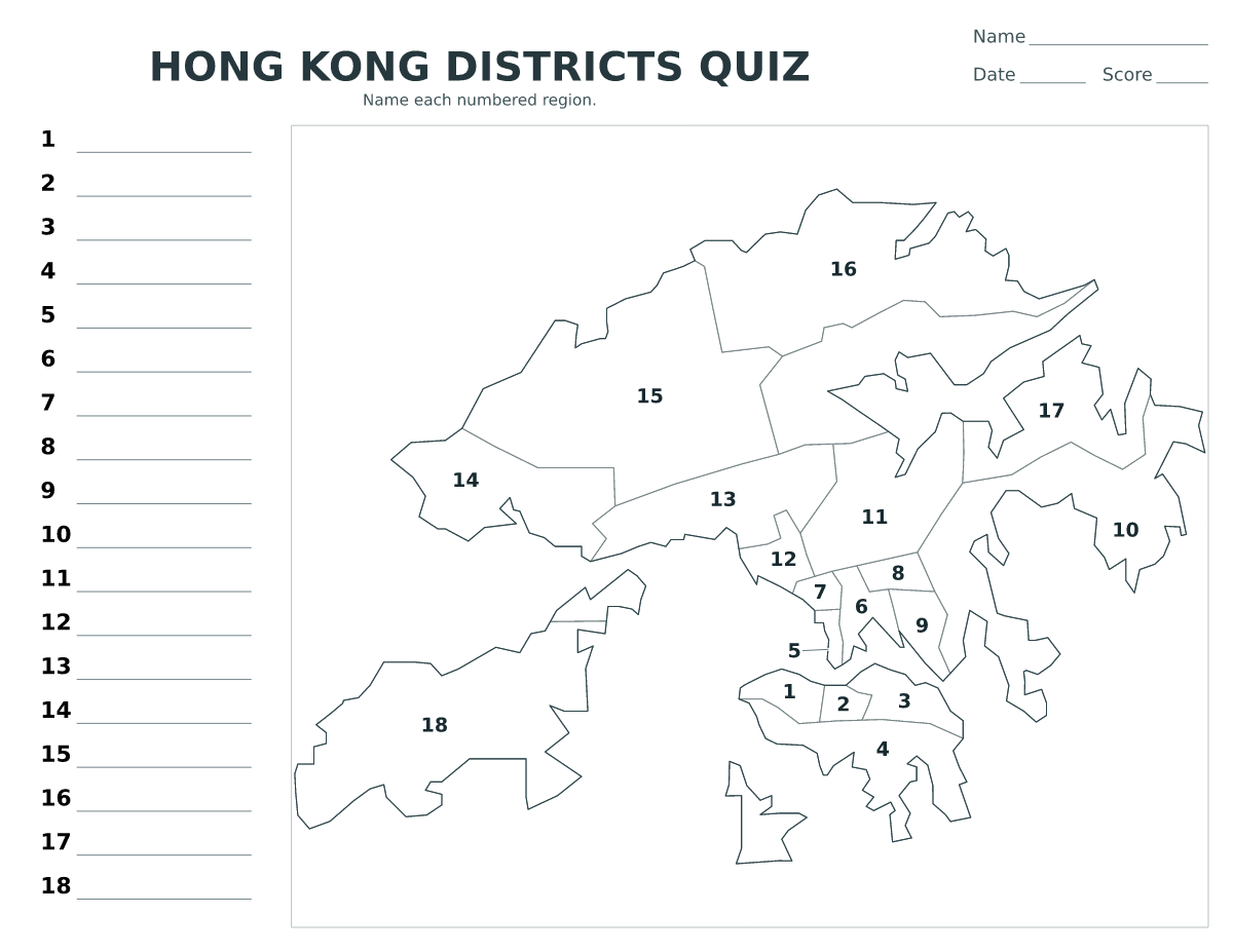 Cuestionario de distritos: Hong Kong con 18 distritos con números.