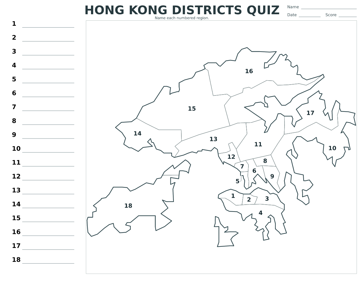 Quiz des districts : Hong Kong avec 18 districts avec numéros.