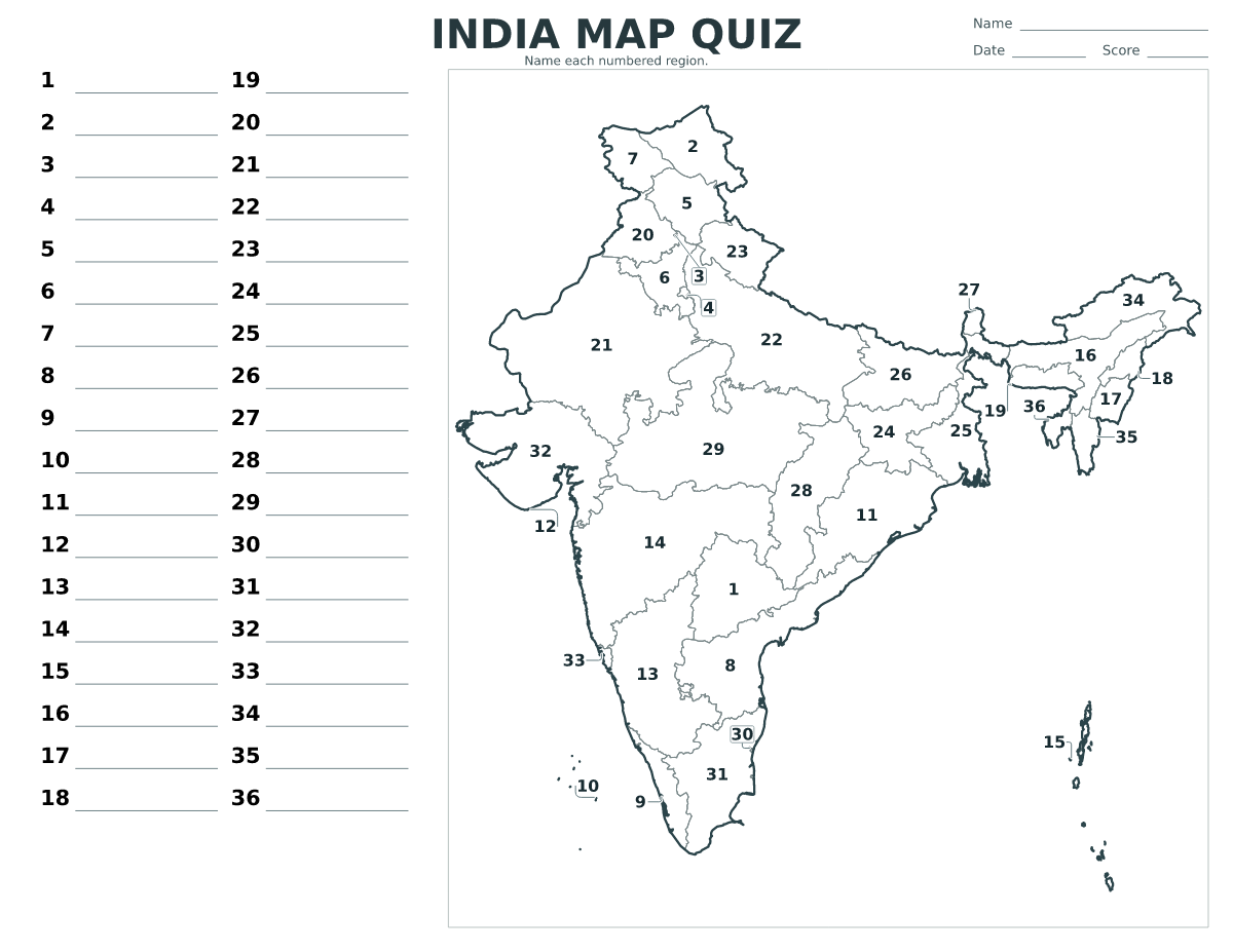 Cuestionario imprimible del mapa de India con 36 regiones numeradas.