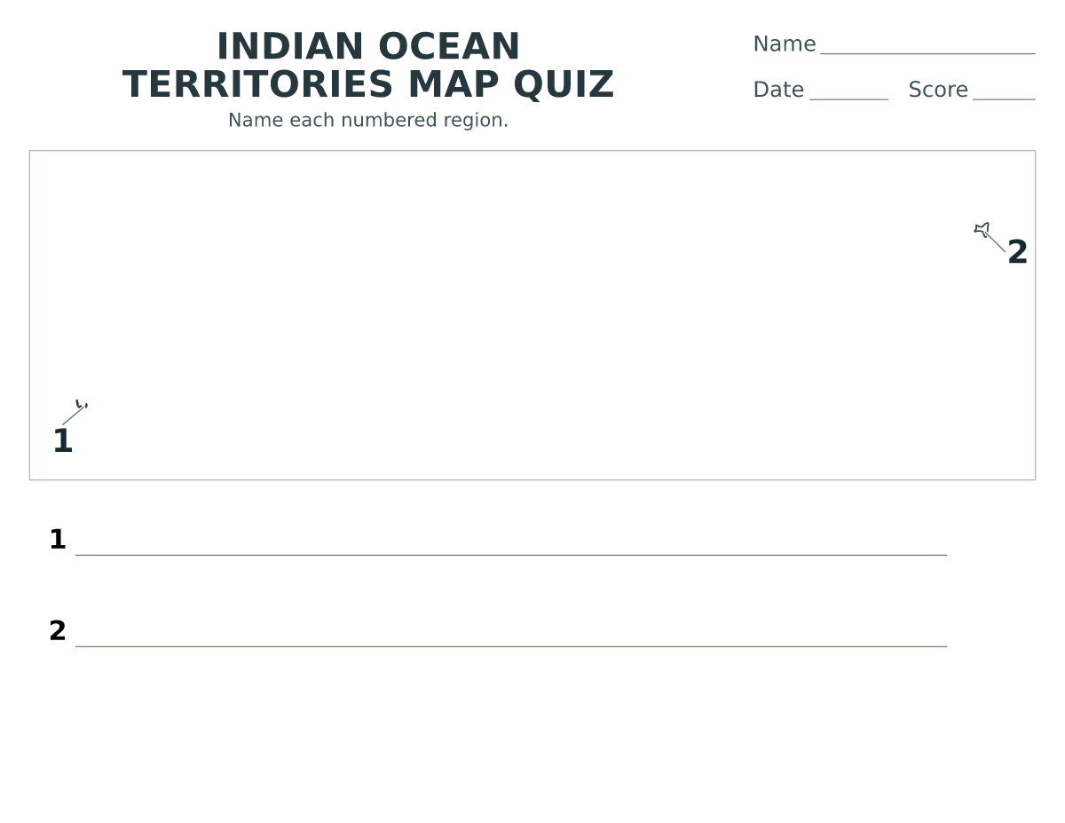 Cuestionario imprimible del mapa de Indian Ocean Territories con 2 regiones numeradas.