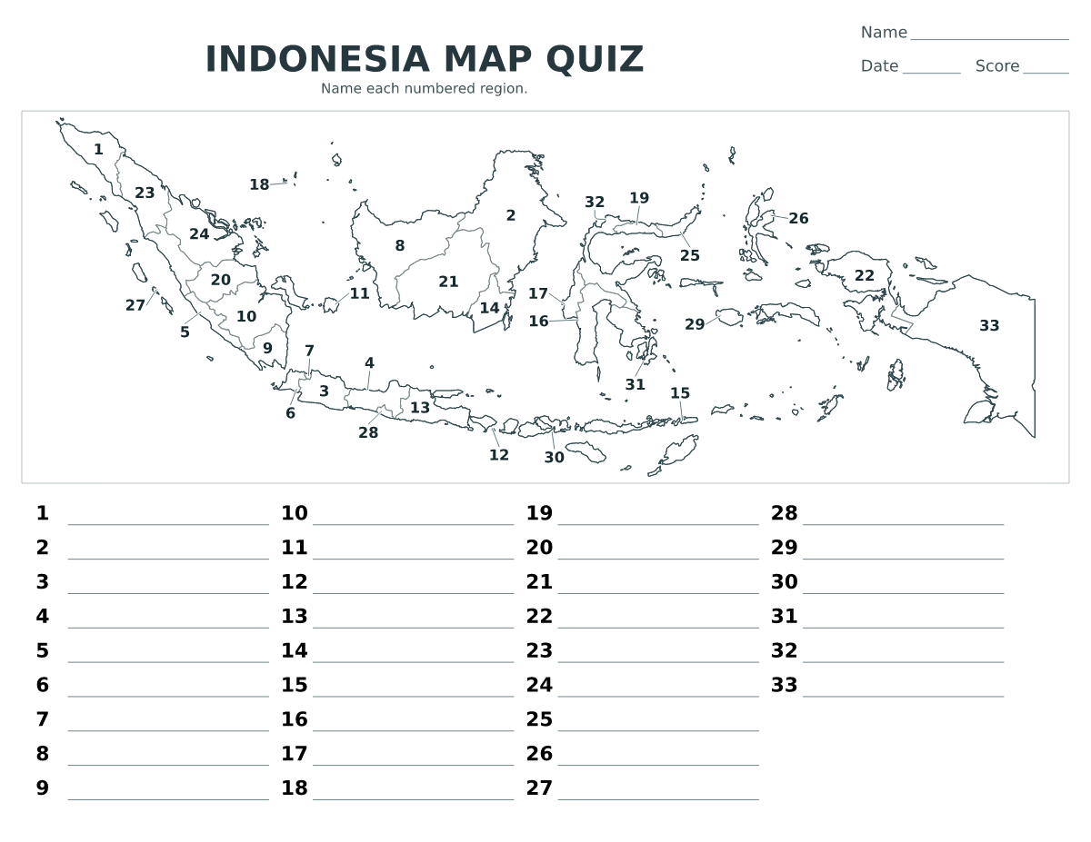 Cuestionario imprimible del mapa de Indonesia con 33 regiones numeradas.