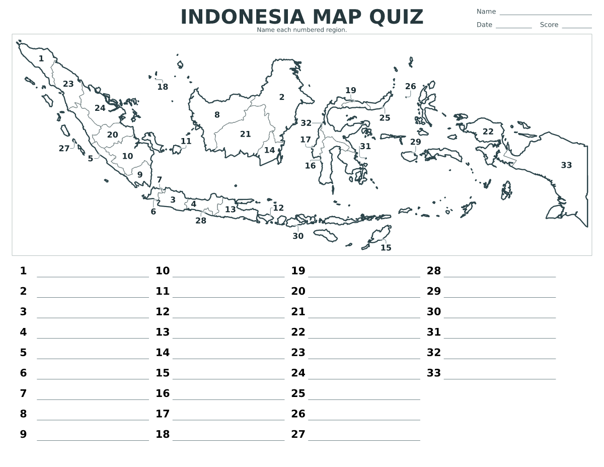 Cuestionario imprimible del mapa de Indonesia con 33 regiones numeradas.