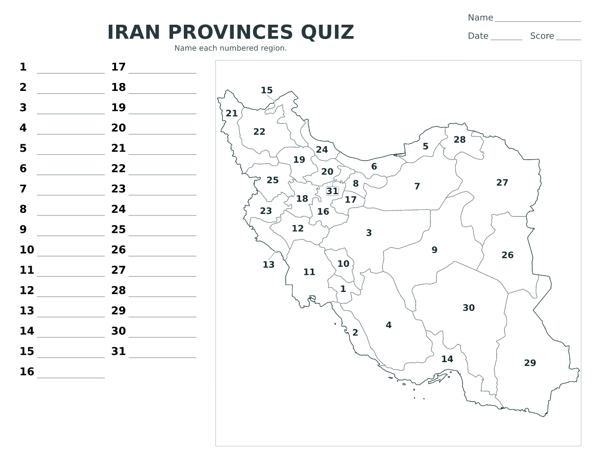 Cuestionario de provincias: Iran con 31 provincias con números.