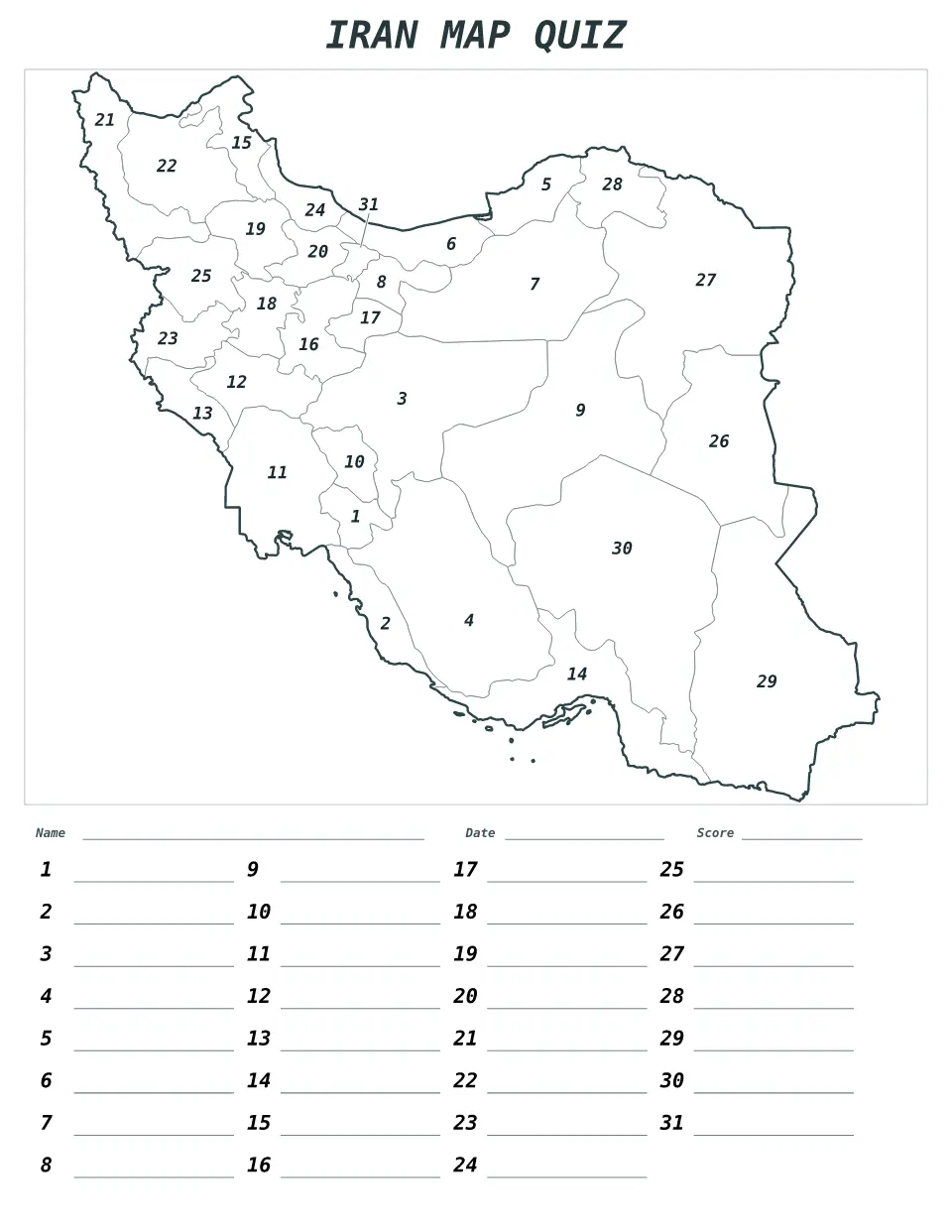 Iran Numbered quiz map preview