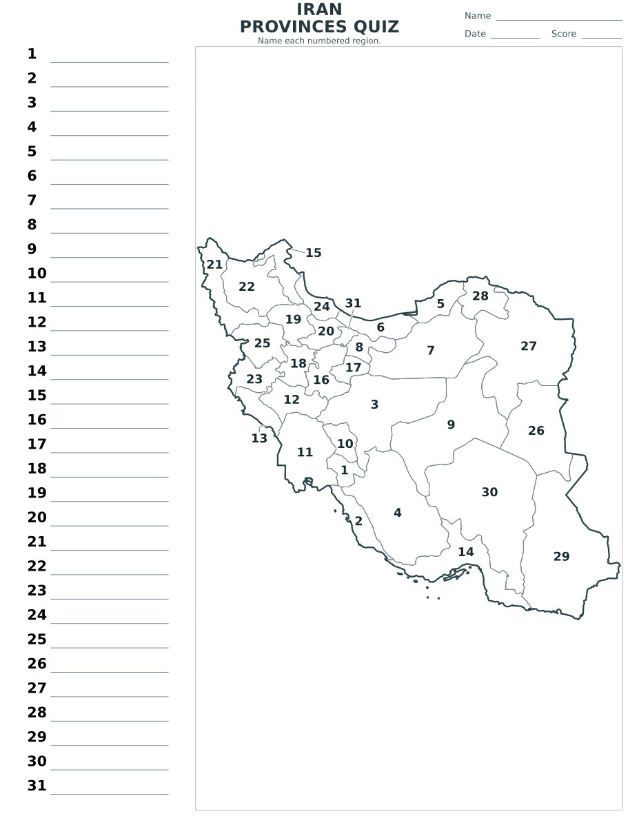 Quiz des provinces : Iran avec 31 provinces avec numéros.