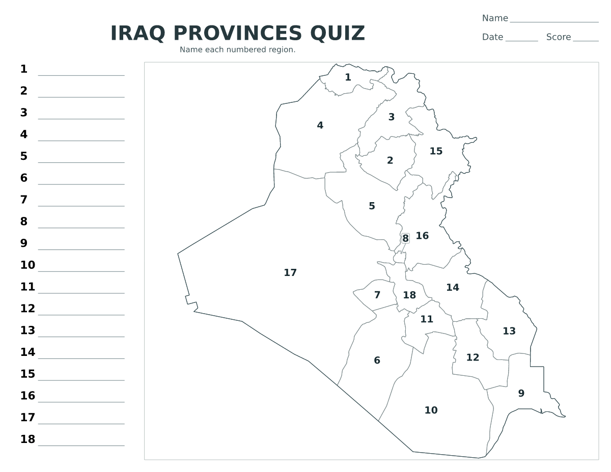Cuestionario de provincias: Iraq con 18 provincias con números.