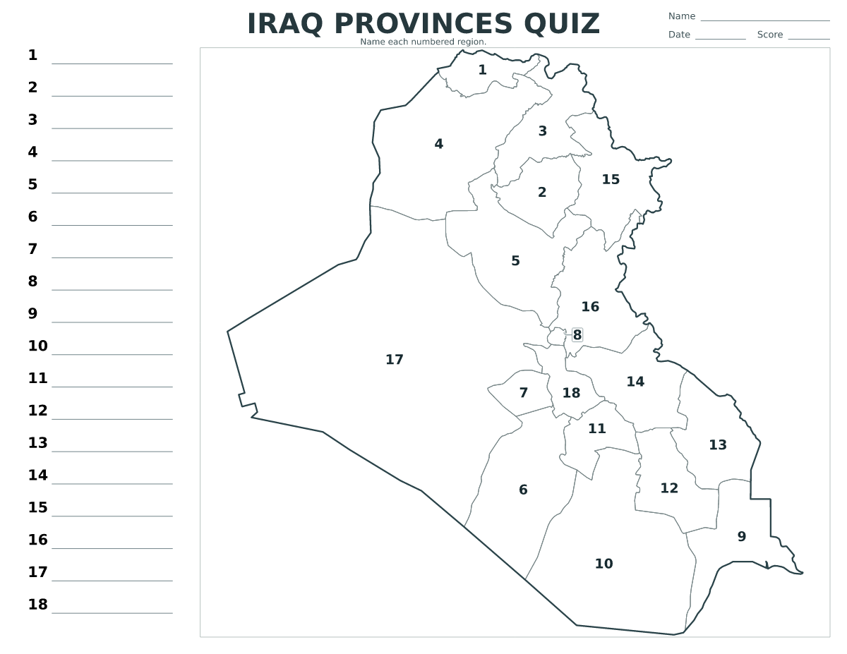 Quiz des provinces : Iraq avec 18 provinces avec numéros.