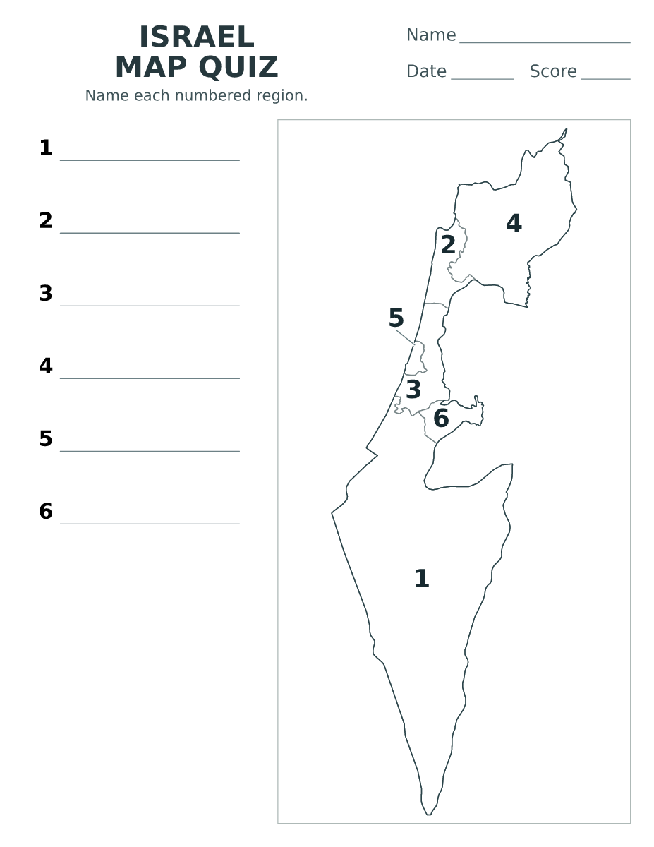 Cuestionario de distritos: Israel con 6 distritos con números.