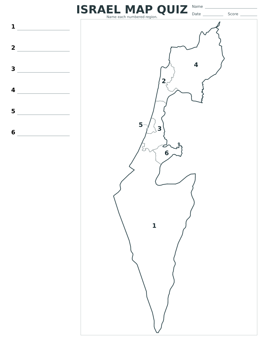 Cuestionario de distritos: Israel con 6 distritos con números.