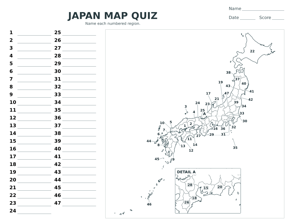 Cuestionario imprimible del mapa de Japan con 47 regiones numeradas.