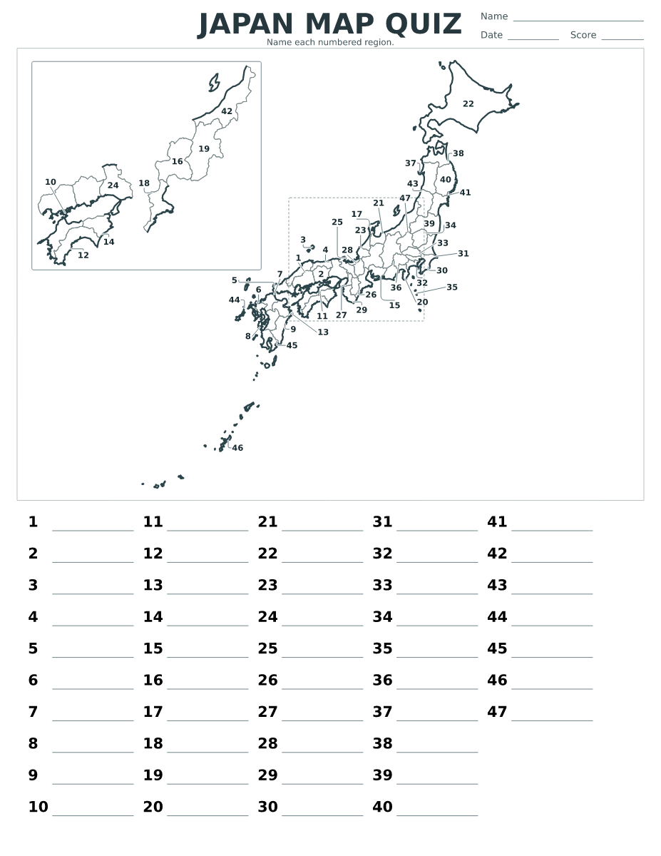 Quiz cartographique imprimable pour Japan avec 47 régions numérotées.