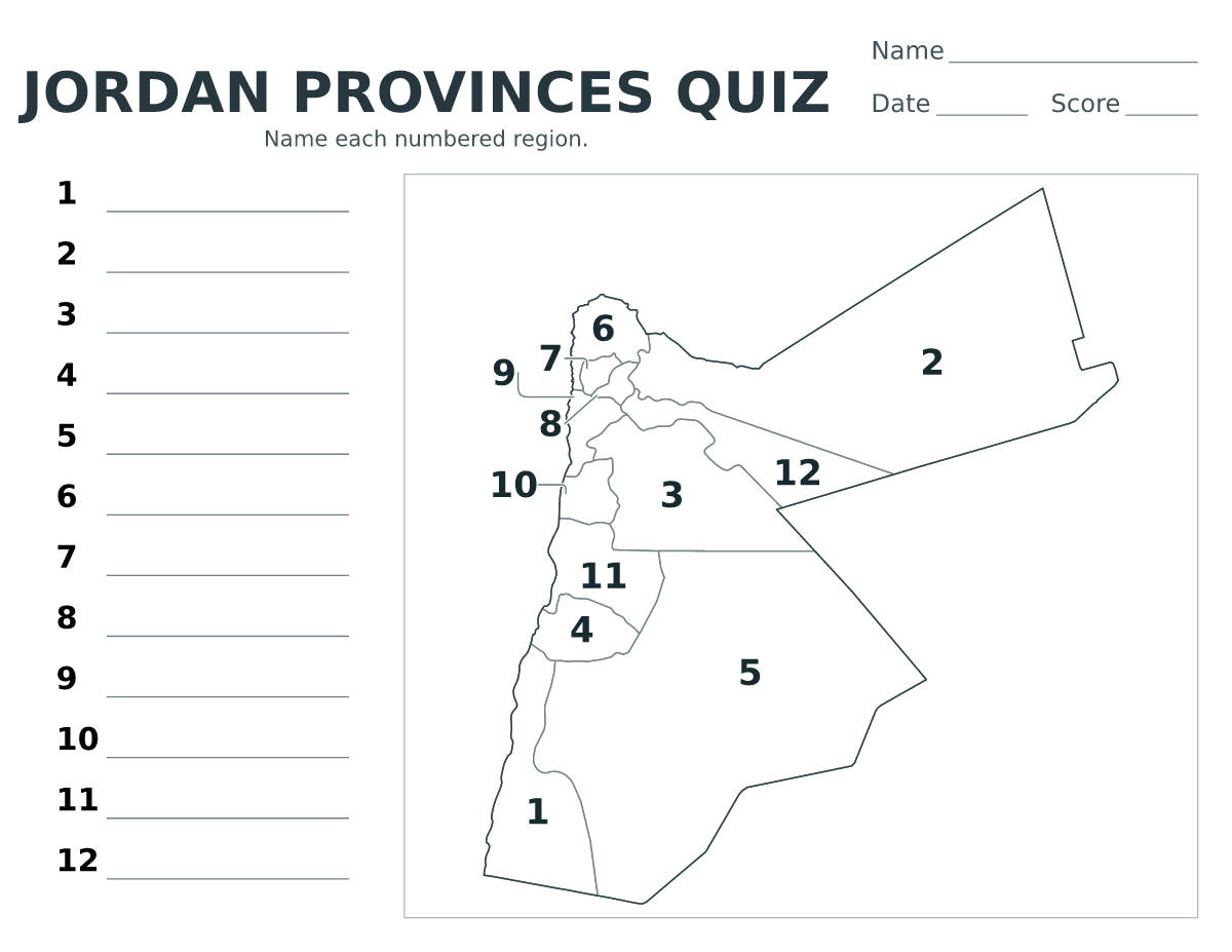 Cuestionario de provincias: Jordan con 12 provincias con números.
