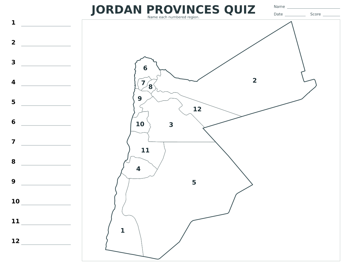 Quiz des provinces : Jordan avec 12 provinces avec numéros.