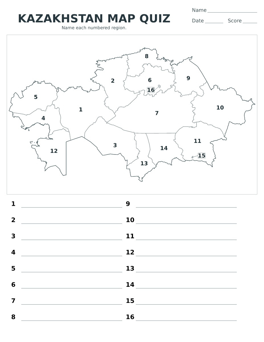 Cuestionario de ciudades y regiones: Kazakhstan con 16 ciudades y regiones con números.