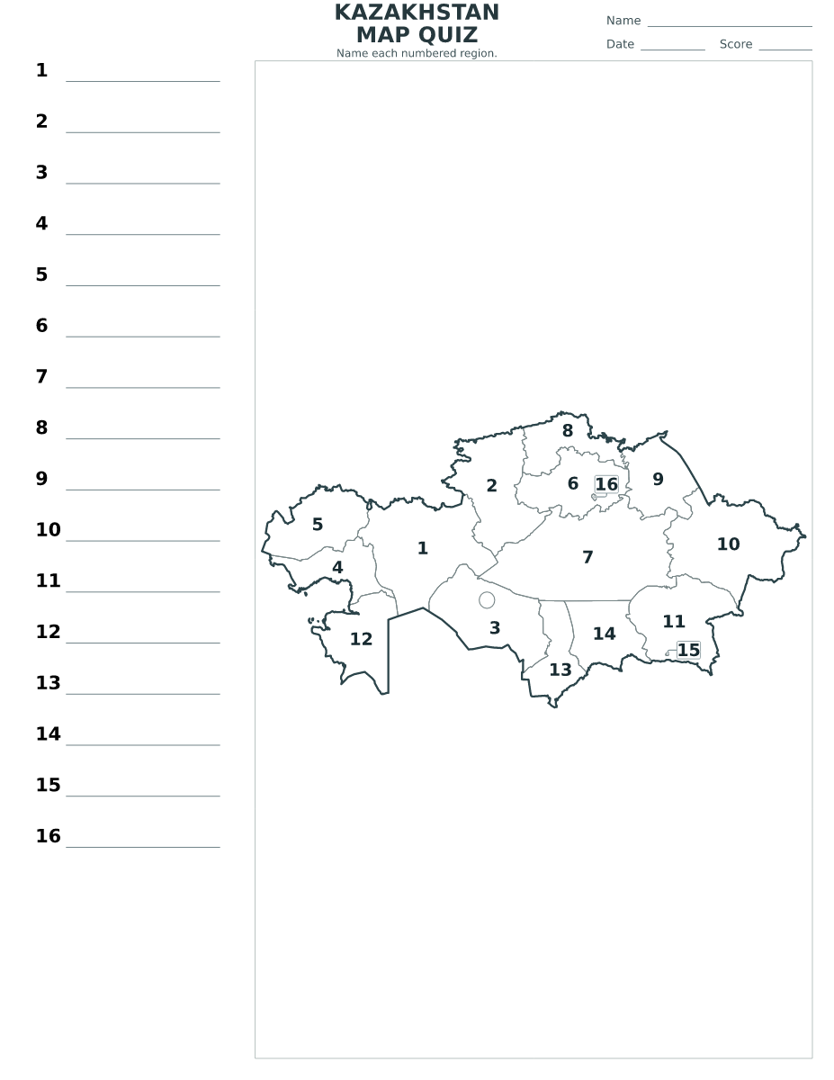 Quiz des villes et régions : Kazakhstan avec 16 villes et régions avec numéros.