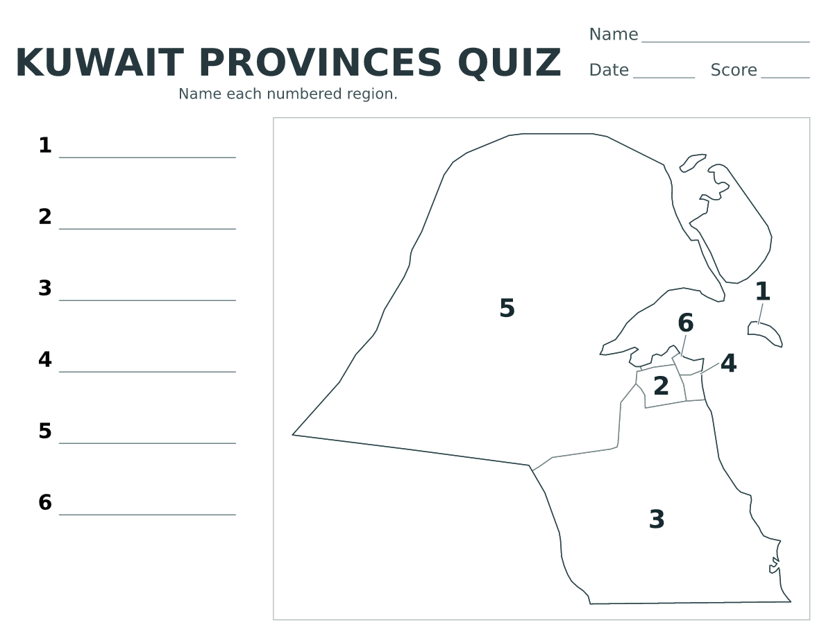 Cuestionario de provincias: Kuwait con 6 provincias con números.