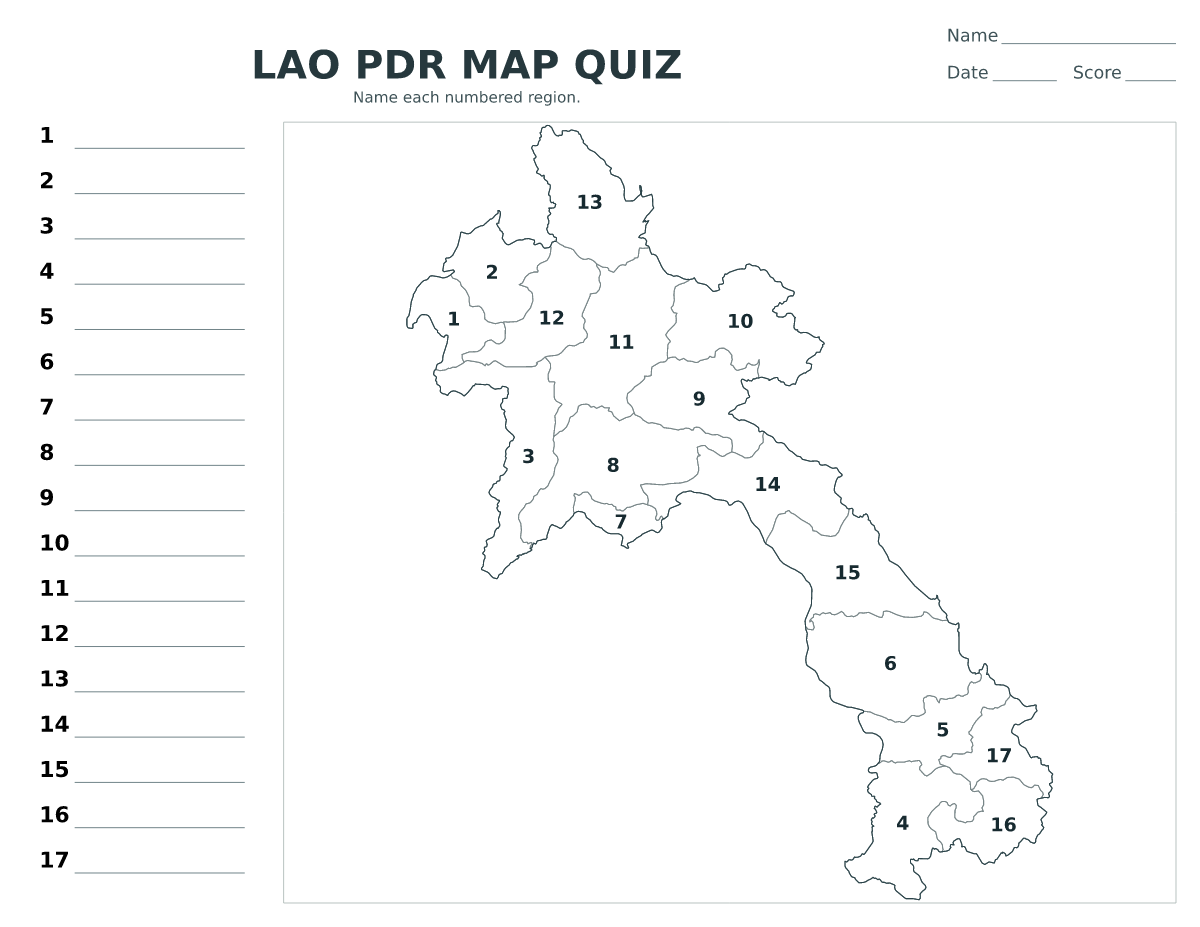 Cuestionario imprimible del mapa de Lao PDR con 17 regiones numeradas.