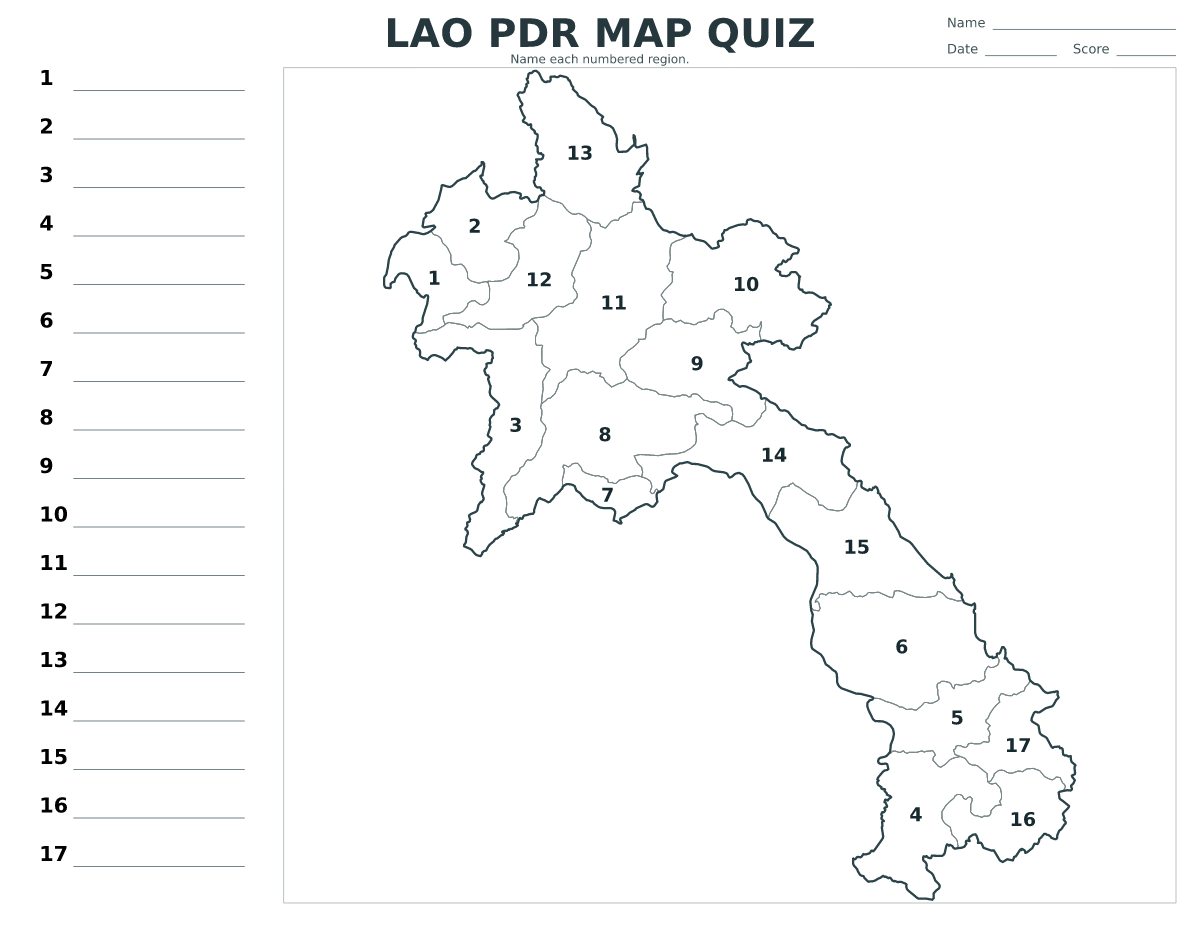 Cuestionario imprimible del mapa de Lao PDR con 17 regiones numeradas.