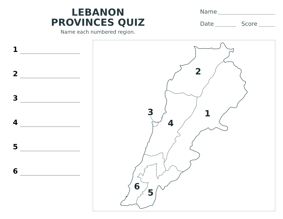 Cuestionario de provincias: Lebanon con 6 provincias con números.