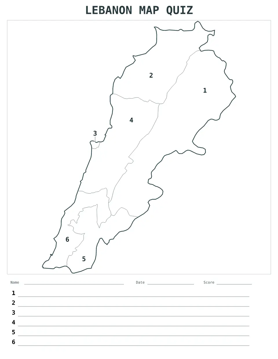 Lebanon Numbered quiz map preview