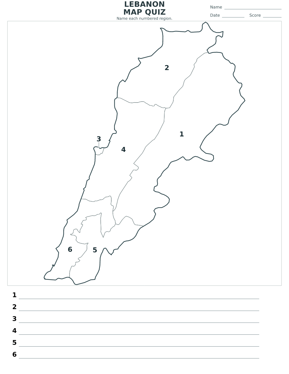 Cuestionario de provincias: Lebanon con 6 provincias con números.