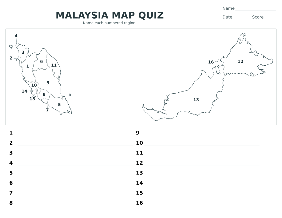 Cuestionario imprimible del mapa de Malaysia con 16 regiones numeradas.