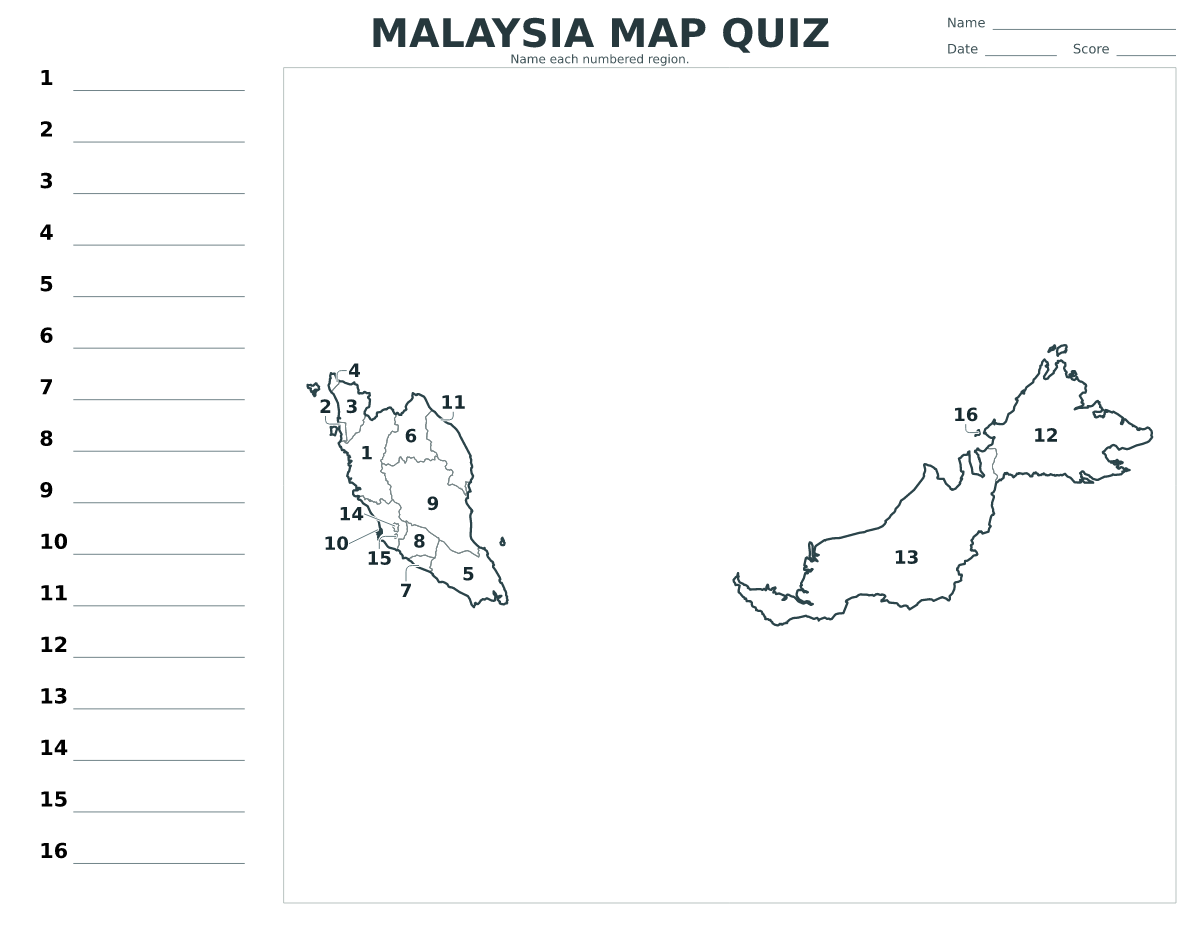 Cuestionario imprimible del mapa de Malaysia con 16 regiones numeradas.