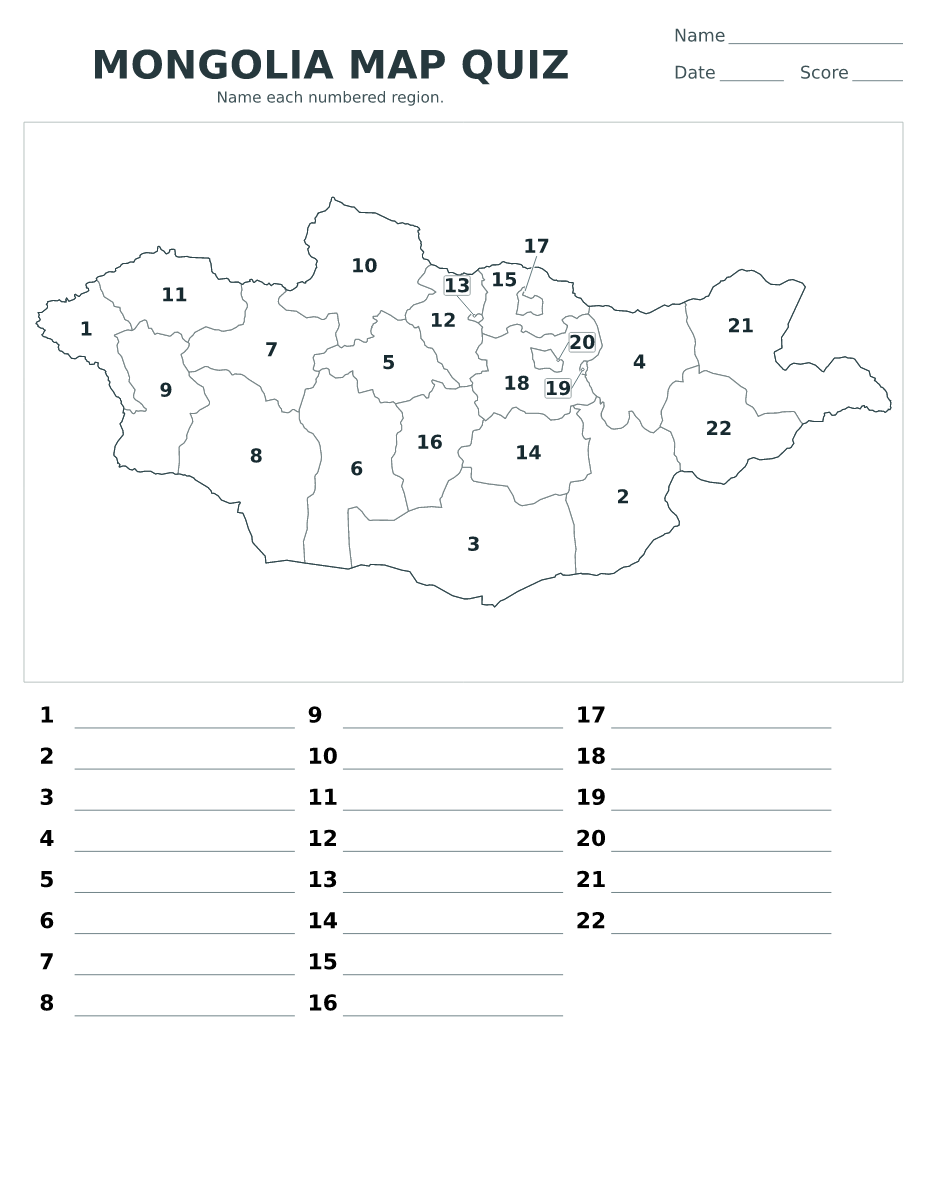 Cuestionario de municipios y provincias: Mongolia con 22 municipios y provincias con números.