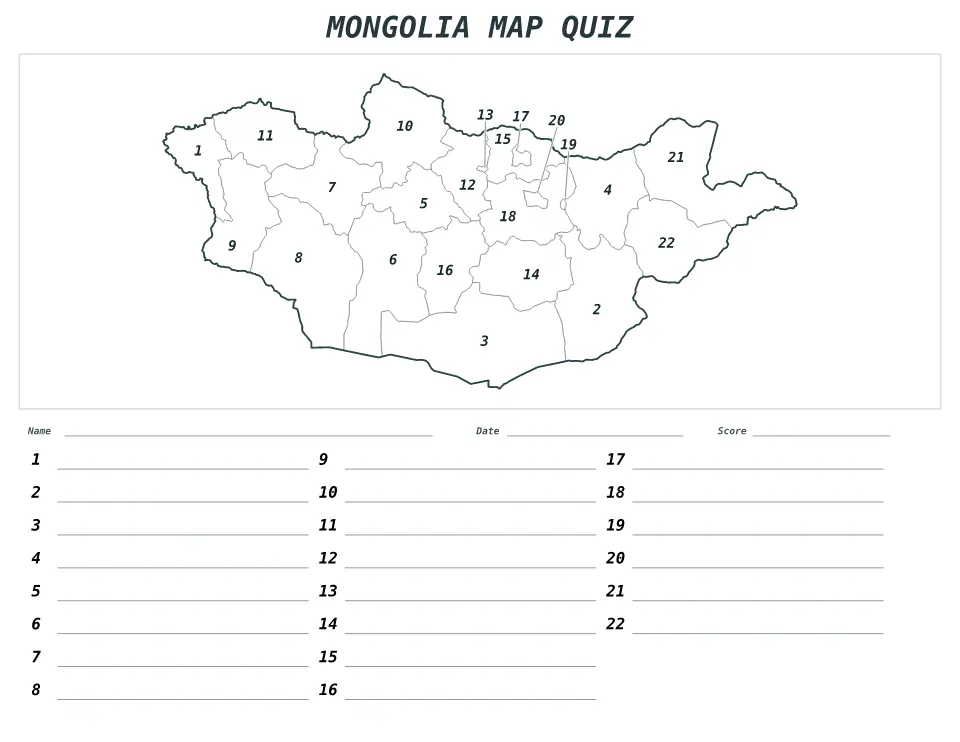 Mongolia Numbered quiz map preview