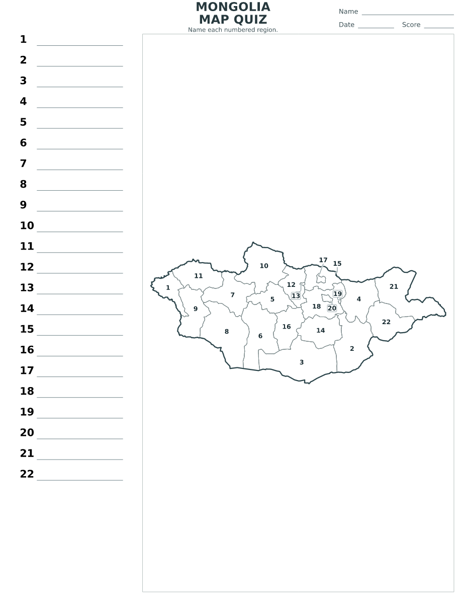 Cuestionario de municipios y provincias: Mongolia con 22 municipios y provincias con números.
