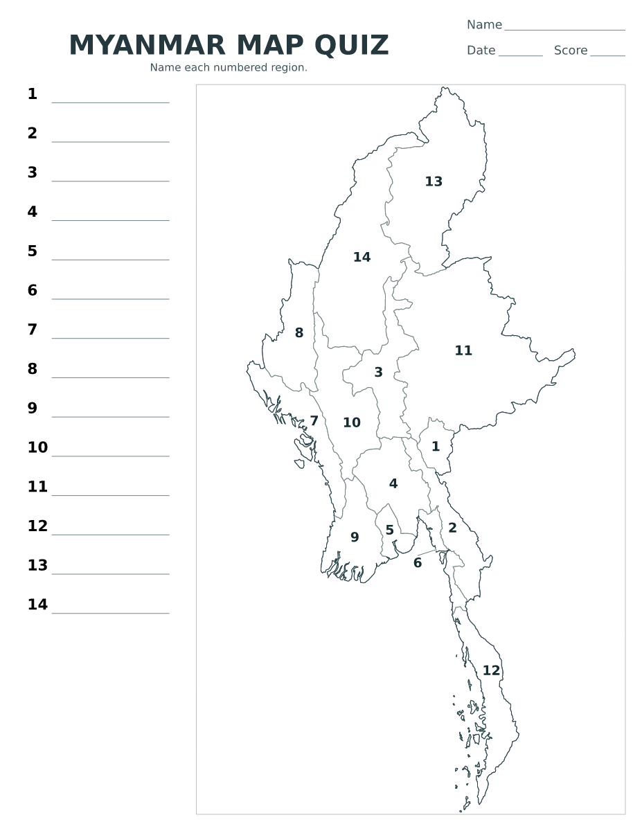 Cuestionario imprimible del mapa de Myanmar con 14 regiones numeradas.