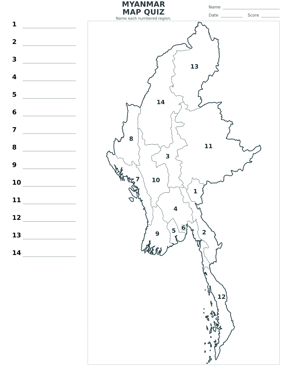 Cuestionario imprimible del mapa de Myanmar con 14 regiones numeradas.