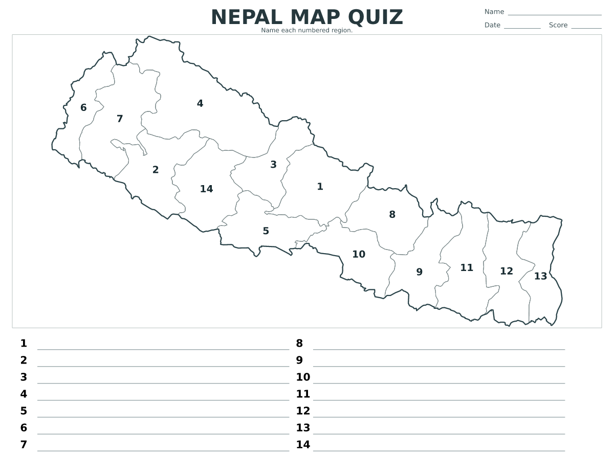 Quiz cartographique imprimable pour Nepal avec 14 régions numérotées.
