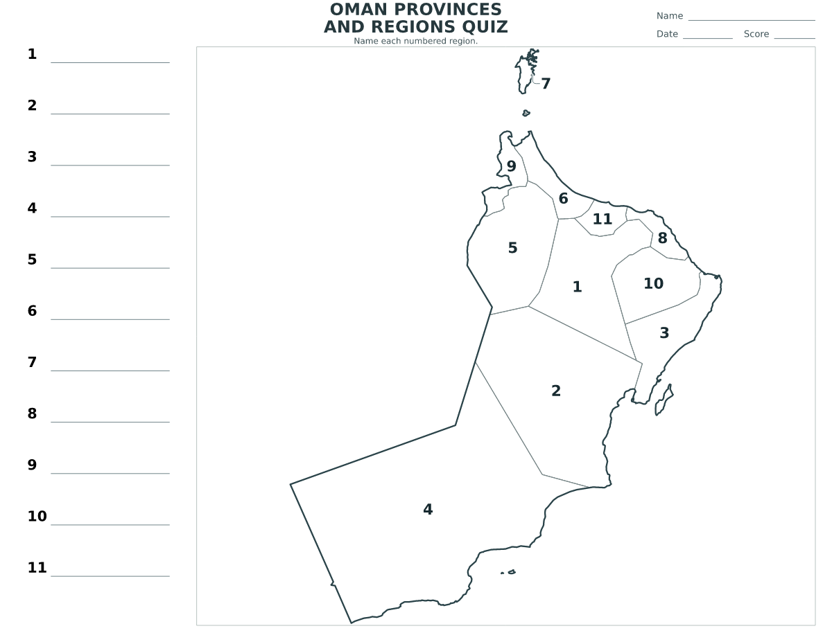 Cuestionario de provincias y regiones: Oman con 11 provincias y regiones con números.