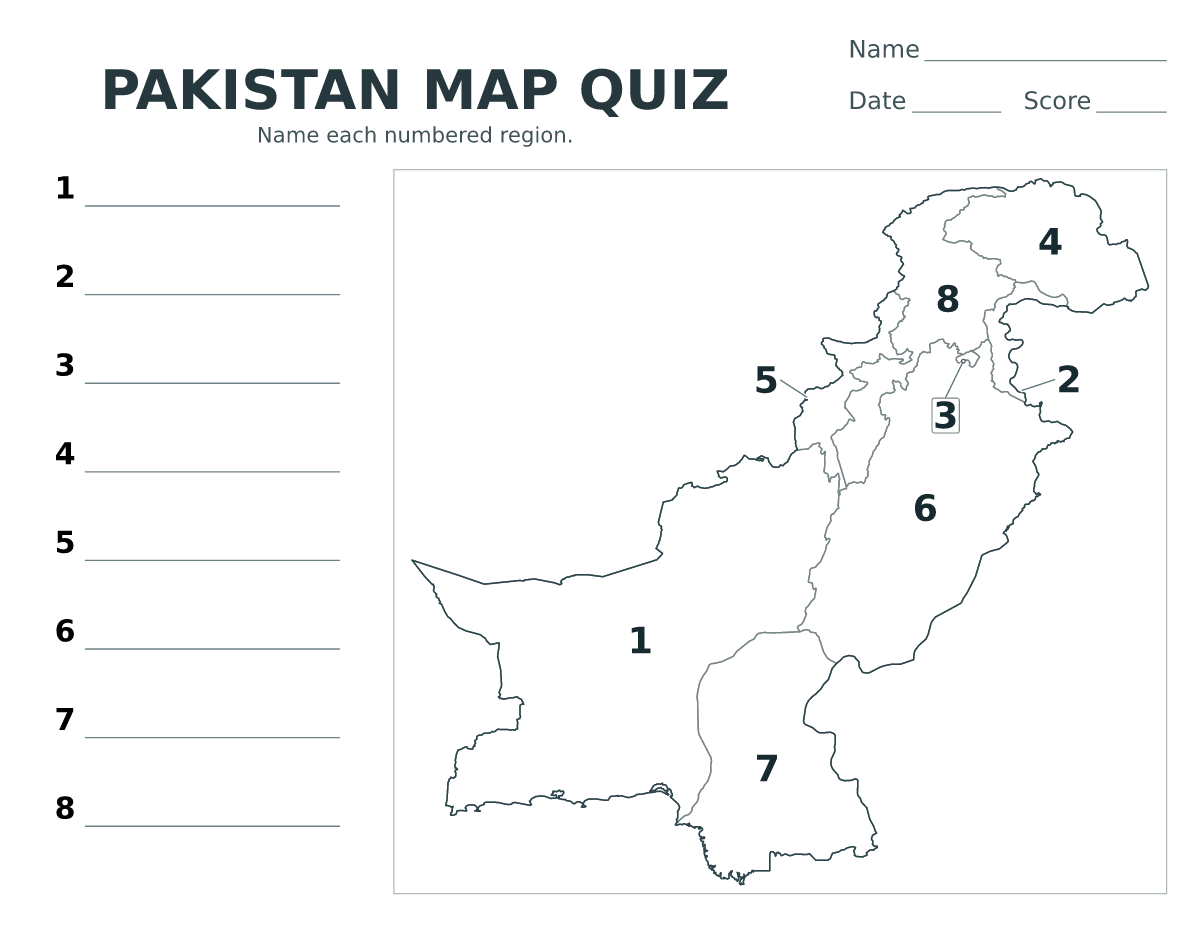 Cuestionario imprimible del mapa de Pakistan con 8 regiones numeradas.