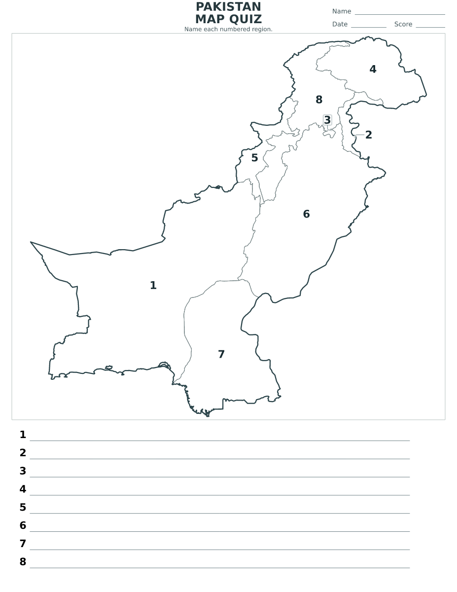 Quiz cartographique imprimable pour Pakistan avec 8 régions numérotées.