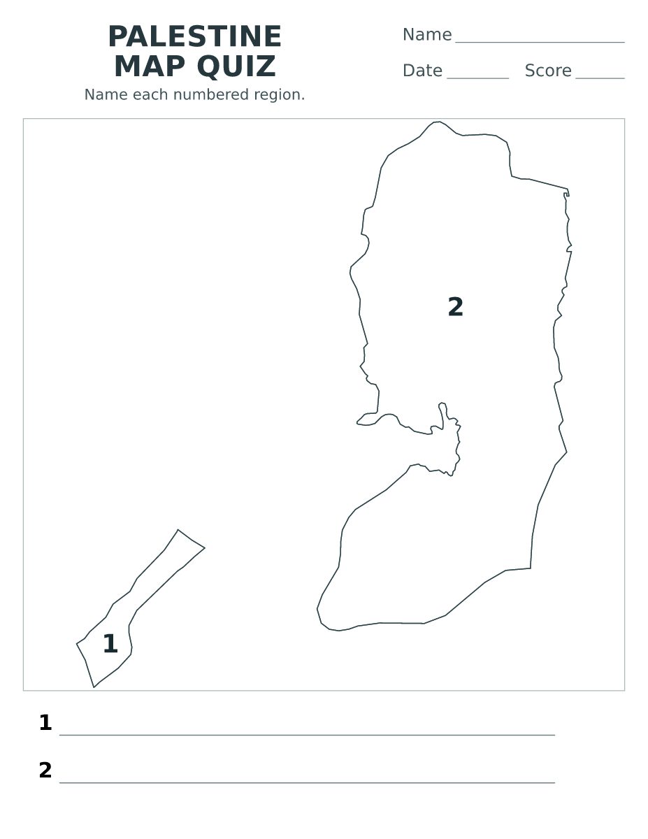 Cuestionario imprimible del mapa de Palestine con 2 regiones numeradas.