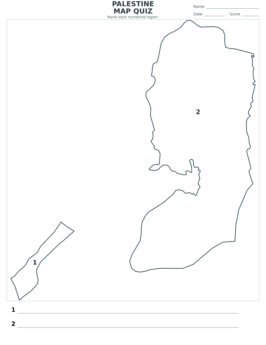 Cuestionario imprimible del mapa de Palestine con 2 regiones numeradas.