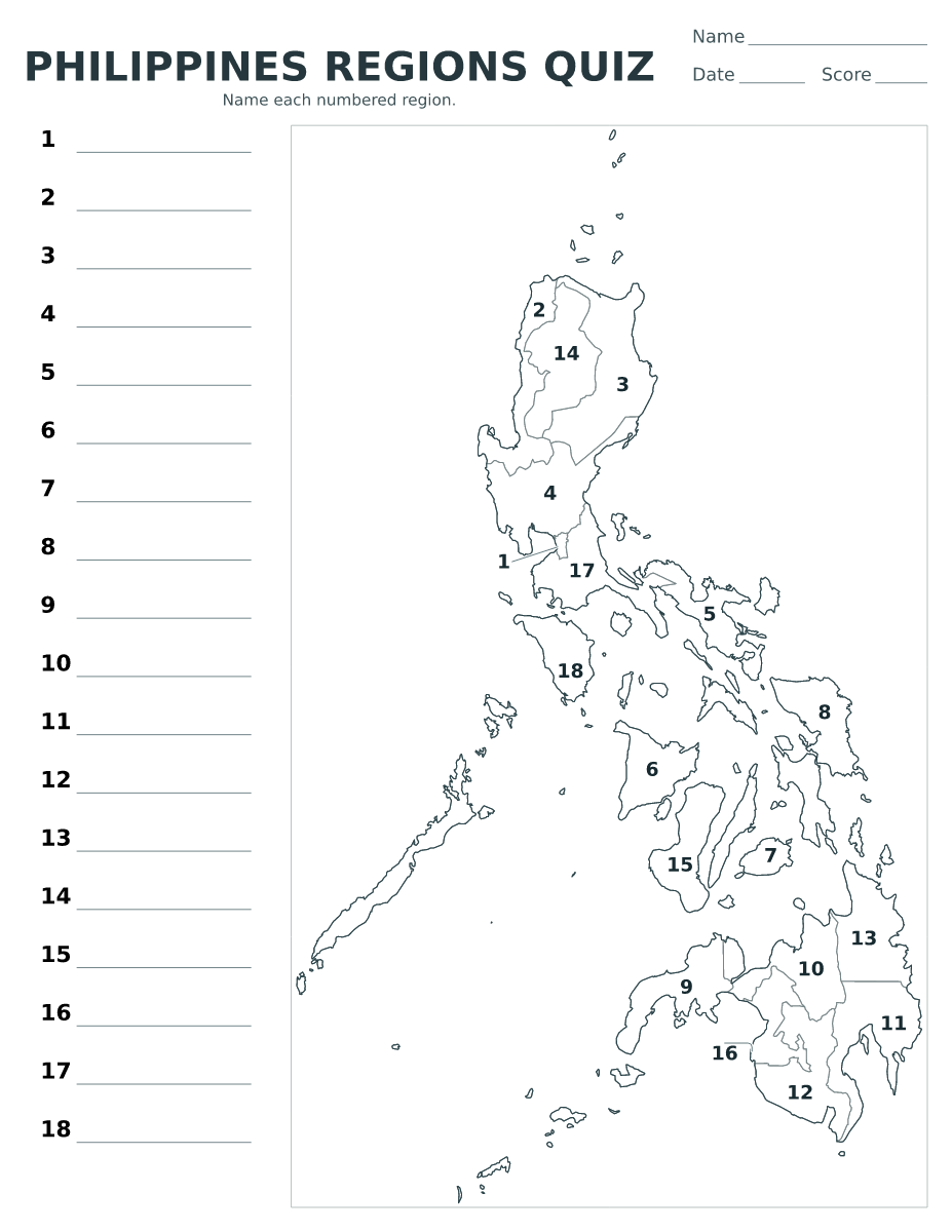 Cuestionario de regiones: Philippines con 18 regiones con números.