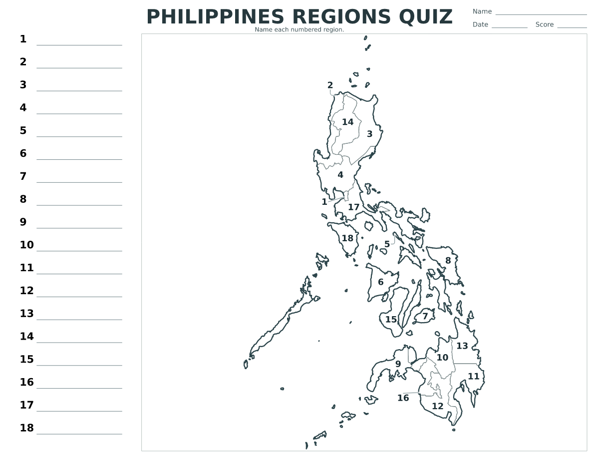 Cuestionario de regiones: Philippines con 18 regiones con números.
