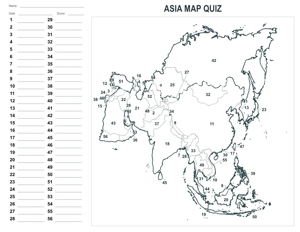 Vista previa del mapa Cuestionario numerado de Asia
