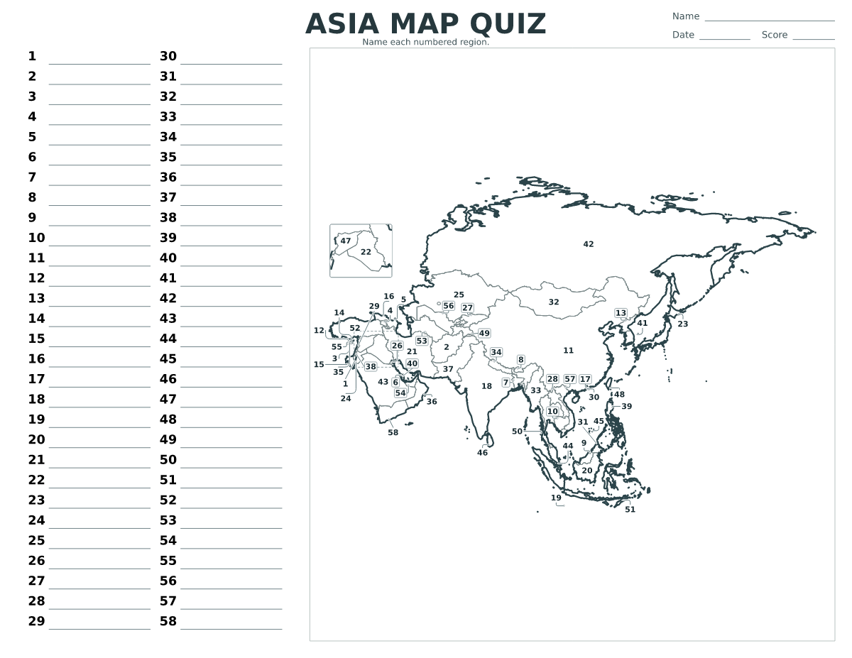 Cuestionario imprimible del mapa de Asia con 58 regiones numeradas.