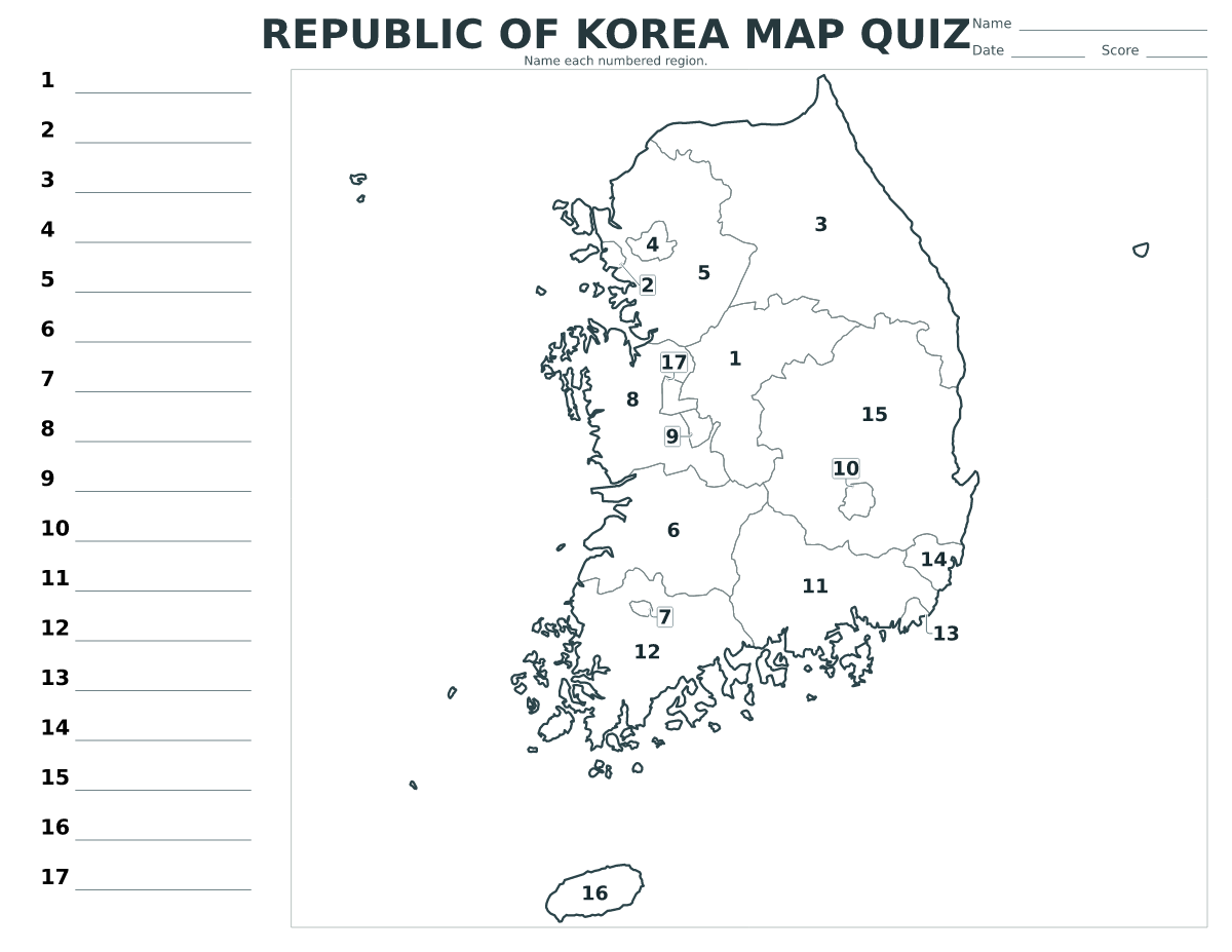 Cuestionario imprimible del mapa de Republic of Korea con 17 regiones numeradas.