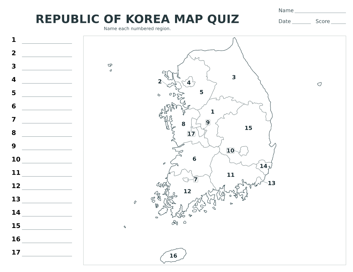 Cuestionario imprimible del mapa de Republic of Korea con 17 regiones numeradas.