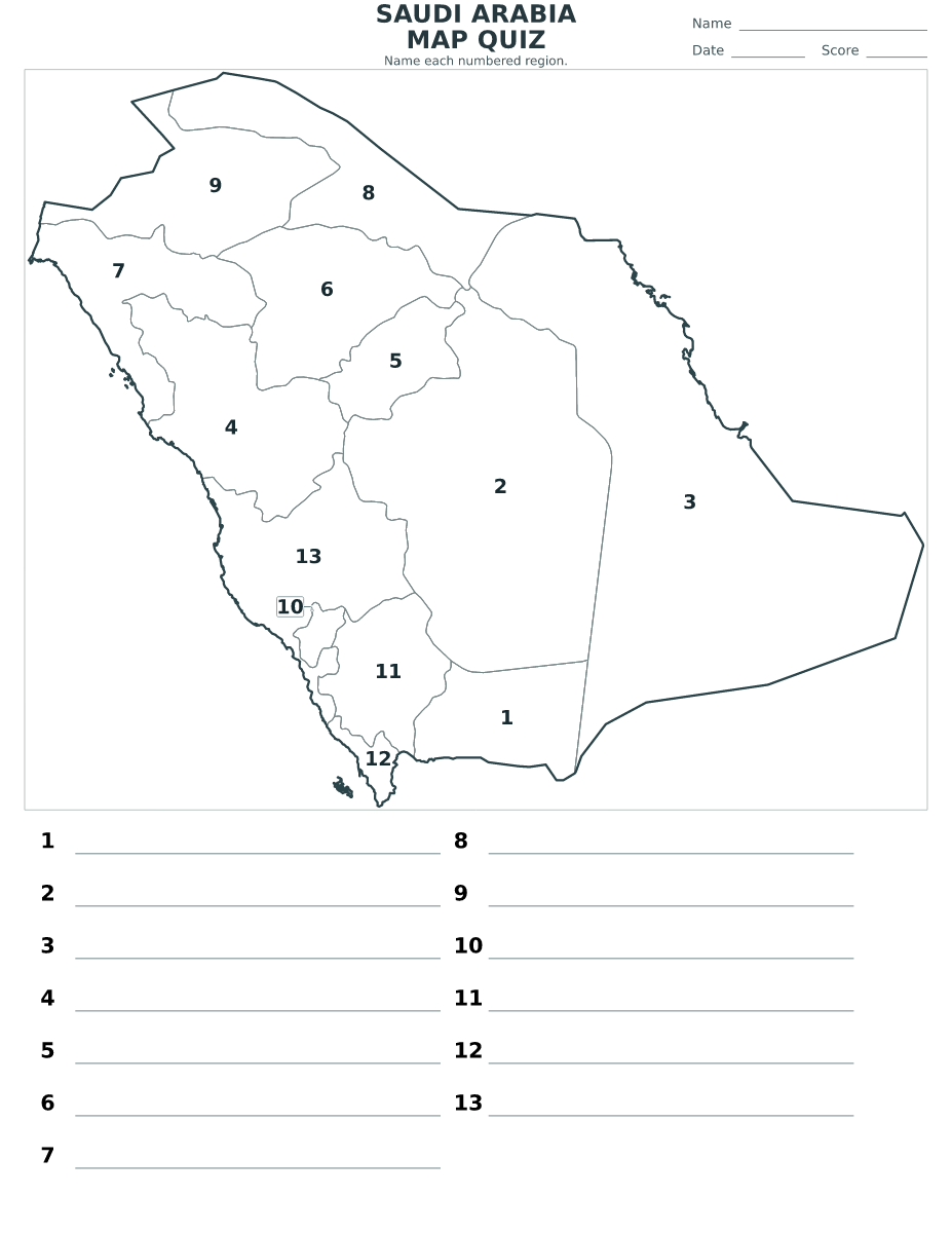 Quiz des régions : Saudi Arabia avec 13 régions avec numéros.
