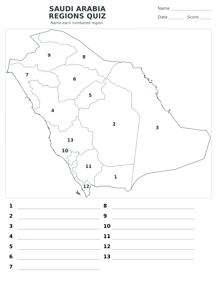 Cuestionario de regiones: Saudi Arabia con 13 regiones con números.