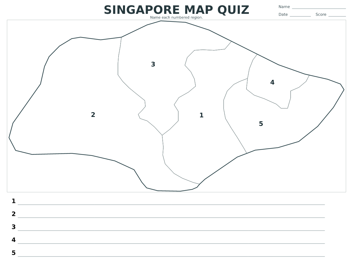 Quiz cartographique imprimable pour Singapore avec 5 régions numérotées.