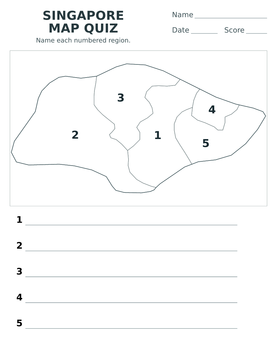 Cuestionario imprimible del mapa de Singapore con 5 regiones numeradas.