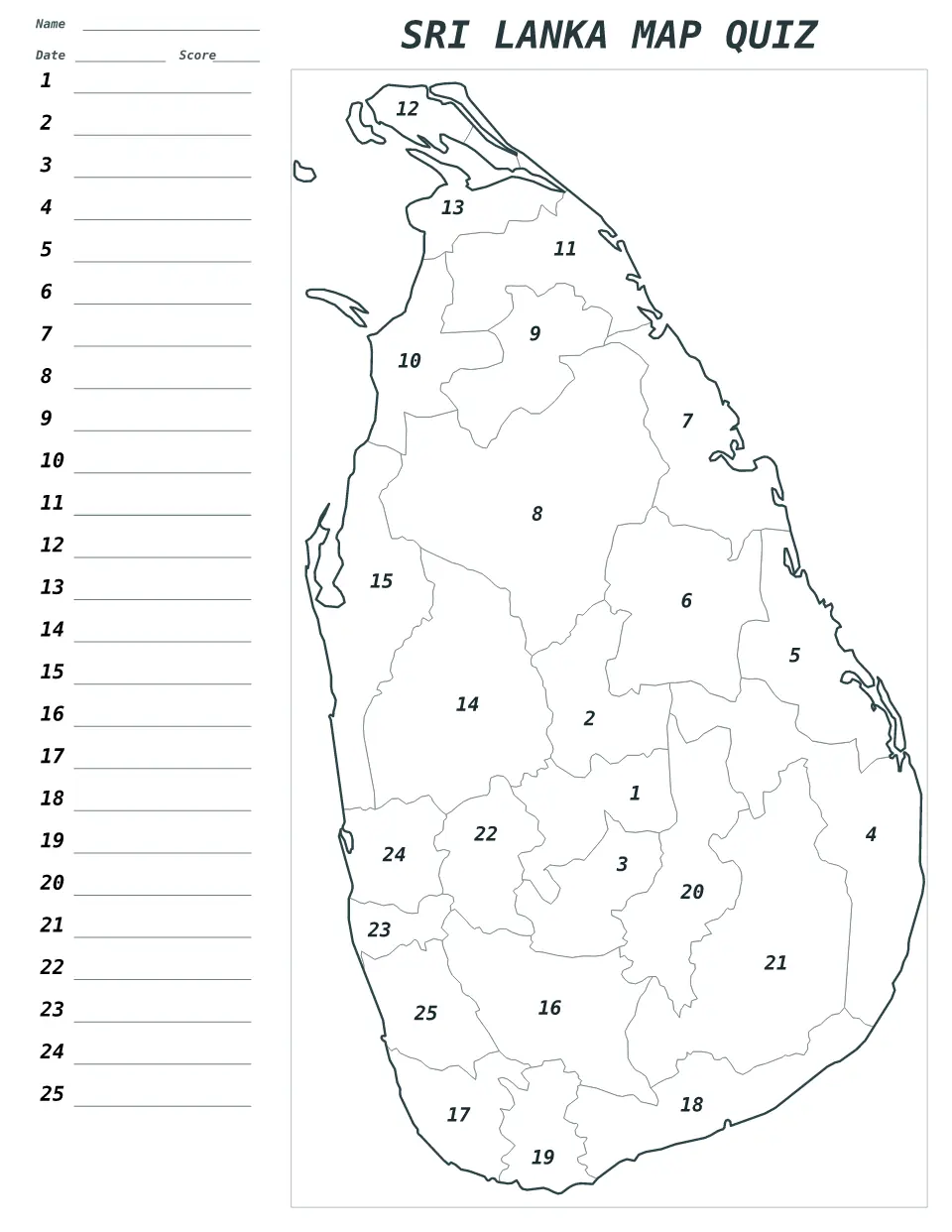 Aperçu de la carte Quiz numéroté de Sri Lanka